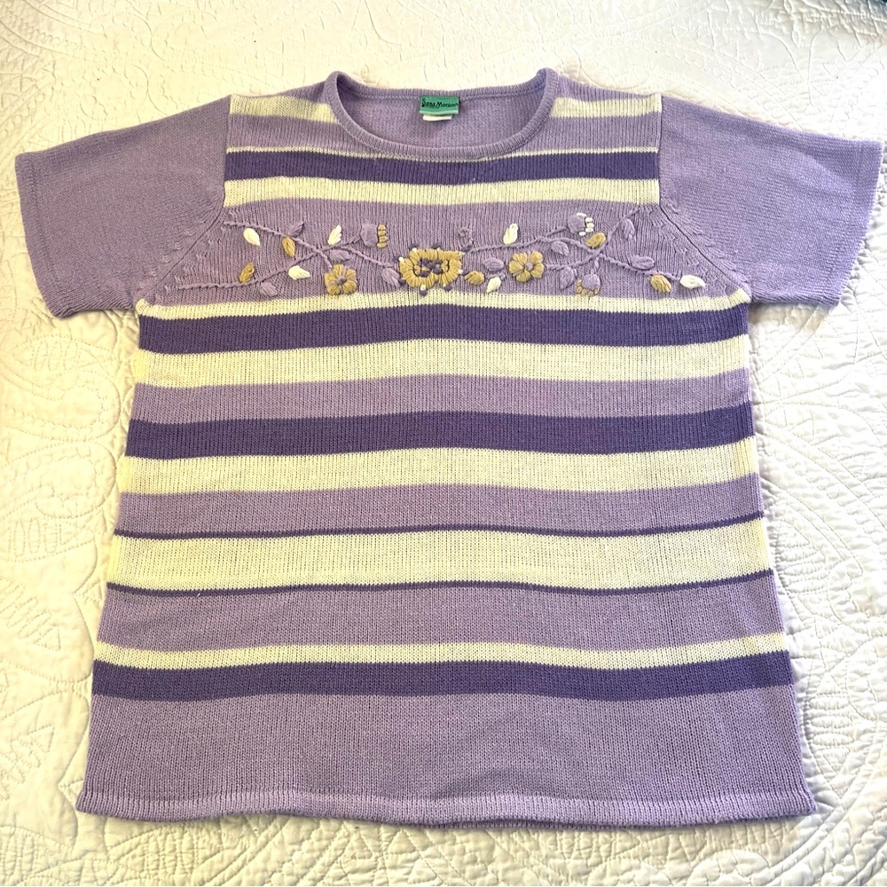 Sara Morgan Y2K Sweater Short Sleeve Purple Striped Embroidered Size M?